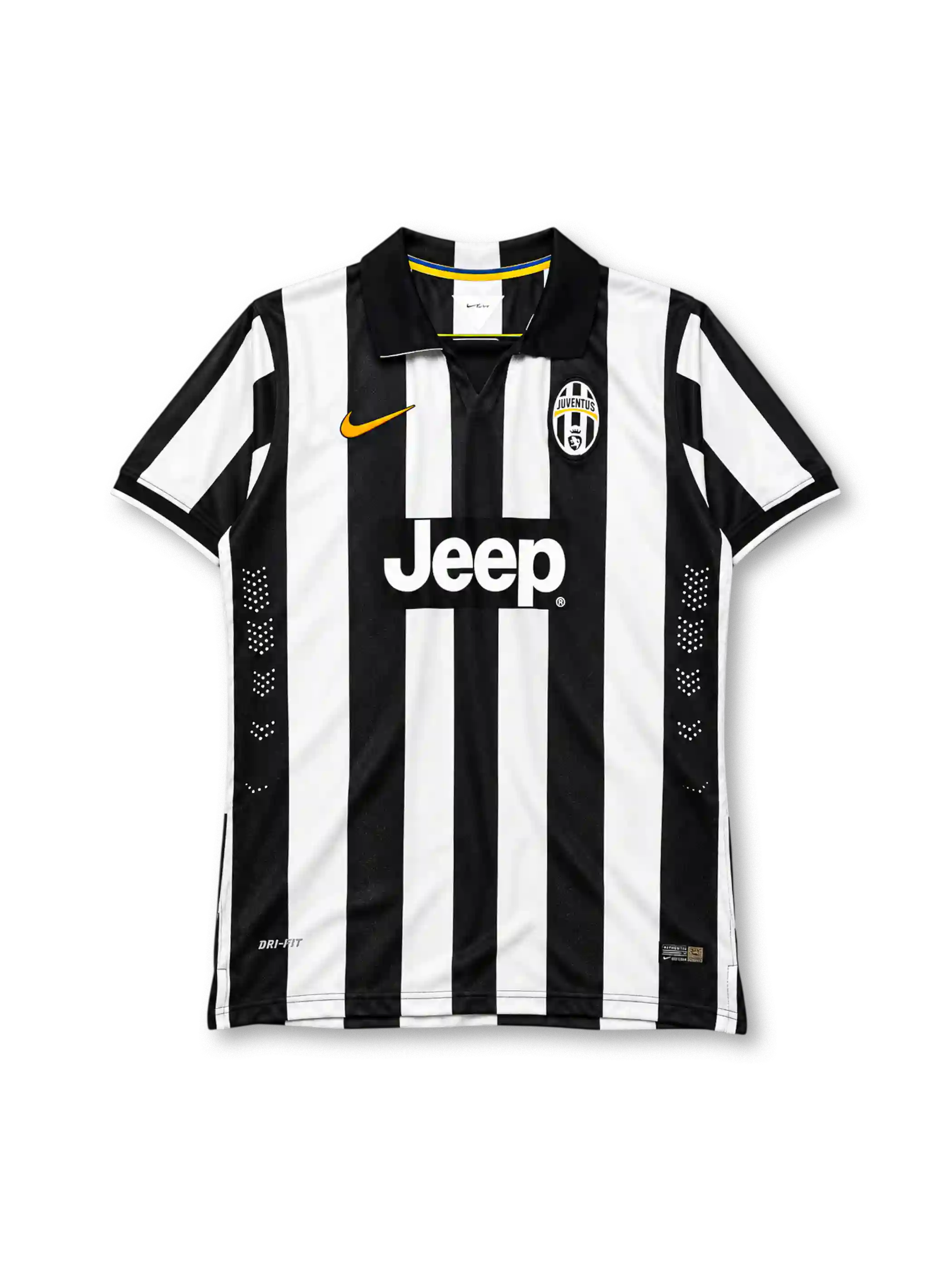 Juventus 2014-15 home jersey, front view, wide black and white vertical stripes, black polo collar with V-notch, orange Nike swoosh on right chest, oval Juventus crest on left chest, white JEEP sponsor lettering on black chest band, perforated side ventilation, black cuffs with white edging