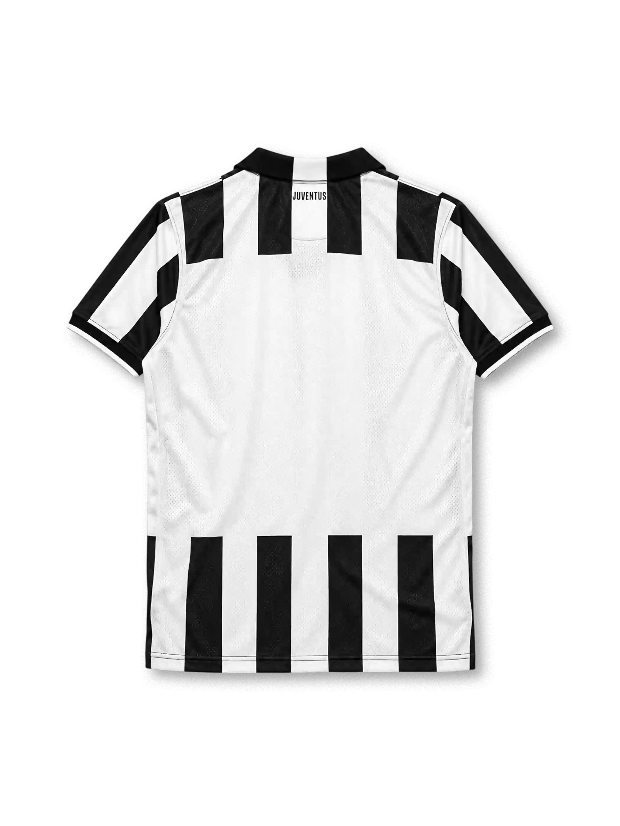 Juventus 2014-15 home jersey, front view, wide black and white vertical stripes, black polo collar with V-notch, orange Nike swoosh on right chest, oval Juventus crest on left chest, white JEEP sponsor lettering on black chest band, perforated side ventilation, black cuffs with white edging