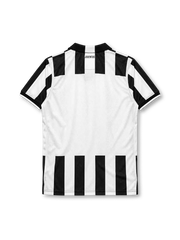 Juventus 2014-15 home jersey, front view, wide black and white vertical stripes, black polo collar with V-notch, orange Nike swoosh on right chest, oval Juventus crest on left chest, white JEEP sponsor lettering on black chest band, perforated side ventilation, black cuffs with white edging