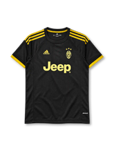Juventus 2015-16 third jersey, front view, black body, yellow three stripes on shoulders, black crew neck with yellow inner band, yellow cuffs, yellow adidas logo on right chest, tonal yellow Juventus crest with three gold stars on left chest, yellow JEEP sponsor lettering, climacool print at hem