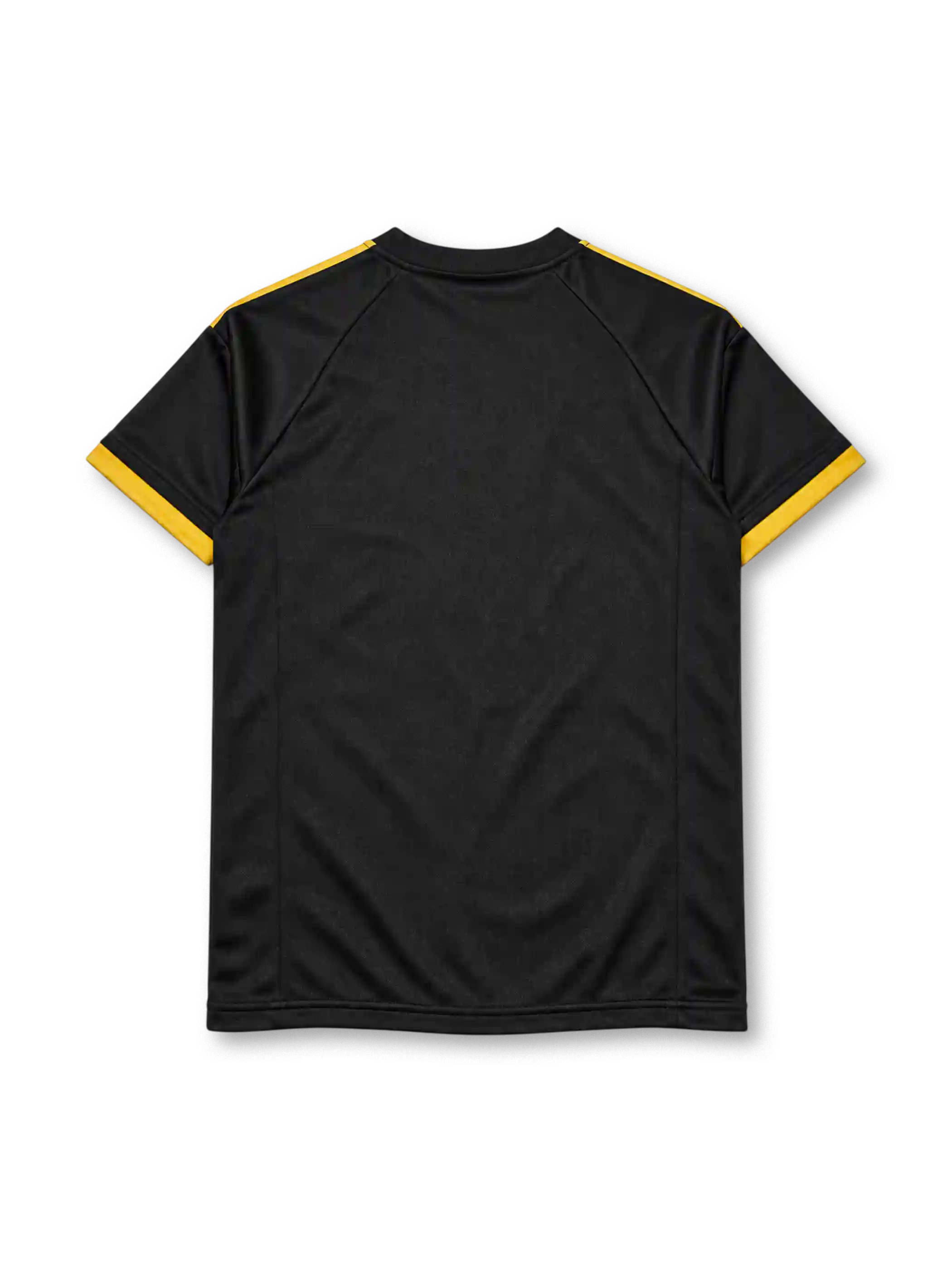 Juventus 2015-16 third jersey, front view, black body, yellow three stripes on shoulders, black crew neck with yellow inner band, yellow cuffs, yellow adidas logo on right chest, tonal yellow Juventus crest with three gold stars on left chest, yellow JEEP sponsor lettering, climacool print at hem