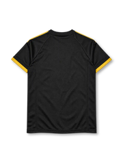 Juventus 2015-16 third jersey, front view, black body, yellow three stripes on shoulders, black crew neck with yellow inner band, yellow cuffs, yellow adidas logo on right chest, tonal yellow Juventus crest with three gold stars on left chest, yellow JEEP sponsor lettering, climacool print at hem