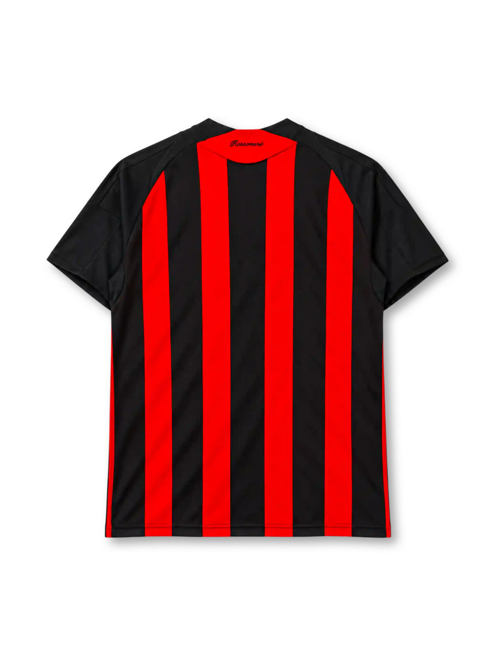 AC Milan 2008-09 home jersey, front view, red and black vertical stripes, black crew neck collar, black sleeves with red three stripes on shoulders, white adidas logo centred on chest, AC Milan crest with gold star on left chest, white BWIN sponsor logo, CLIMACOOL badge at hem