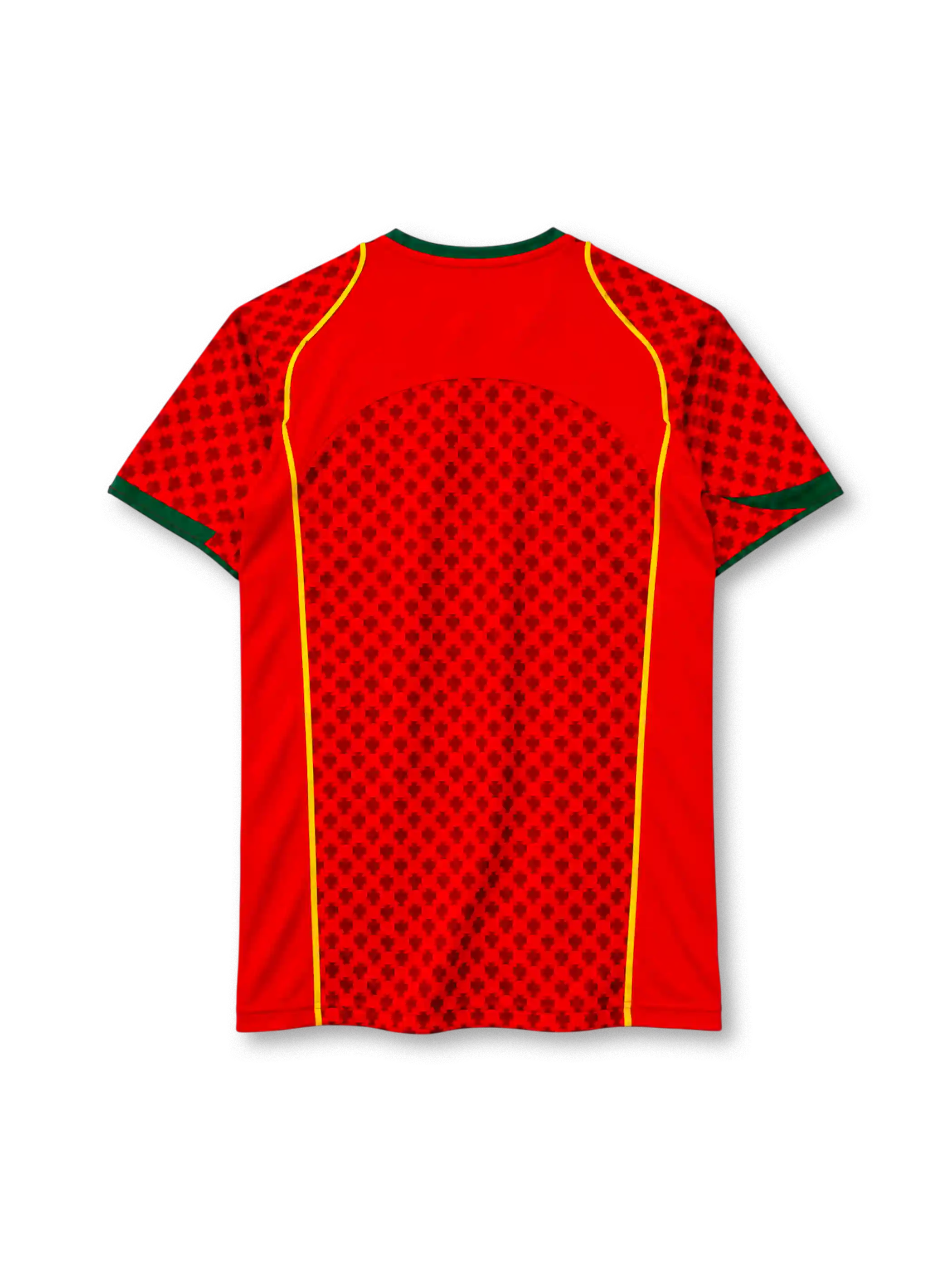 Portugal 2004 home jersey, front view, red body with tonal dark red cross-motif pattern, green crew neck and collar yoke, yellow piping down the front, yellow Nike swoosh on right chest, Portuguese Football Federation crest on left chest, green sleeve cuffs