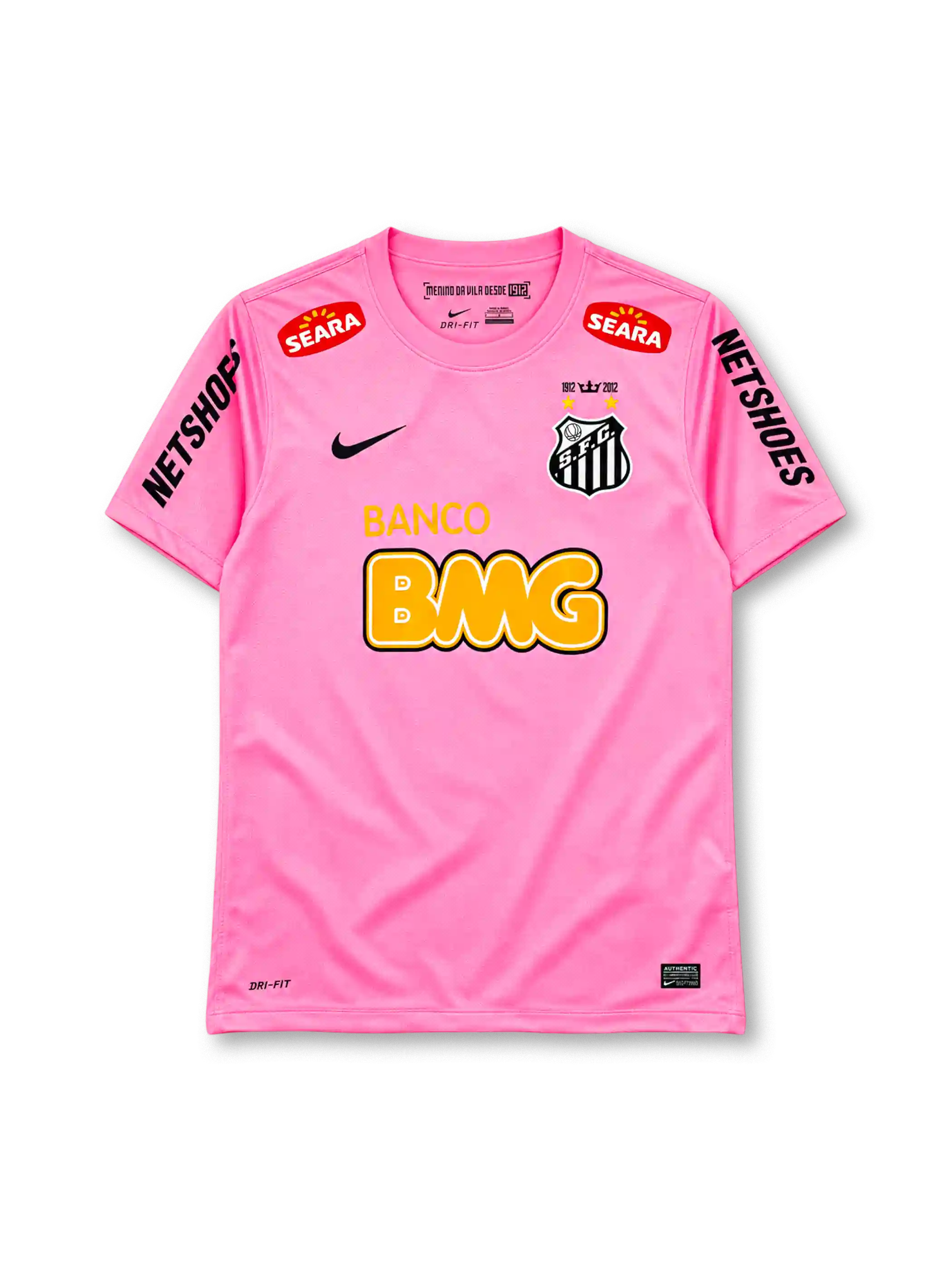 Santos 2013 pink jersey, front view, pink body, pink crew neck collar, red SEARA logos near shoulders, black NETSHOES lettering on sleeves, black Nike swoosh on right chest, Santos crest with two gold stars and 1912-2012 centenary crown on left chest, BANCO BMG sponsor logo, Nike Authentic tag at hem
