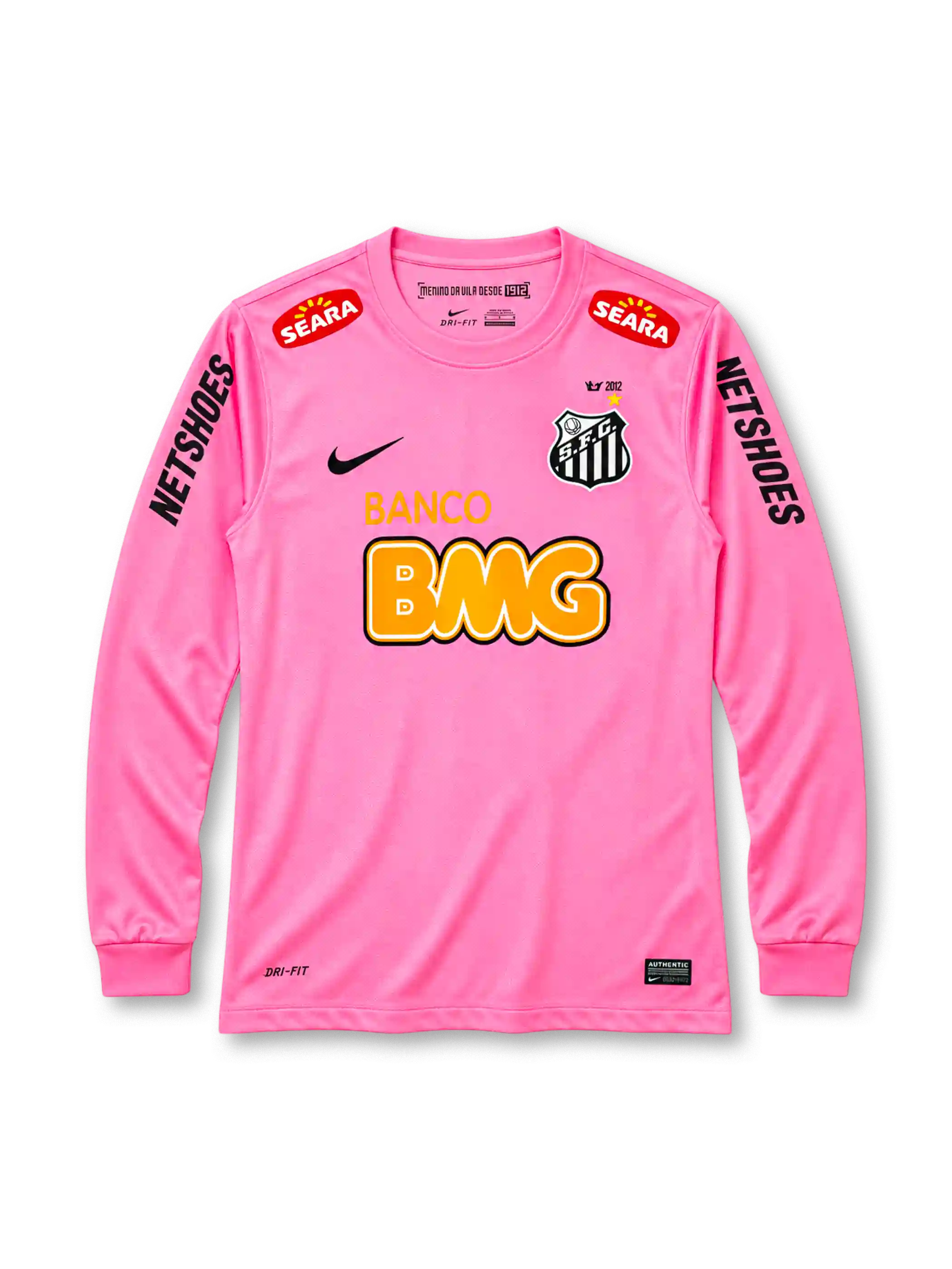 Santos 2013 pink long sleeve jersey, front view, pink body with long sleeves and ribbed cuffs, pink crew neck collar, red SEARA logos near shoulders, black NETSHOES lettering on sleeves, black Nike swoosh on right chest, Santos crest with crown and gold star on left chest, BANCO BMG sponsor logo