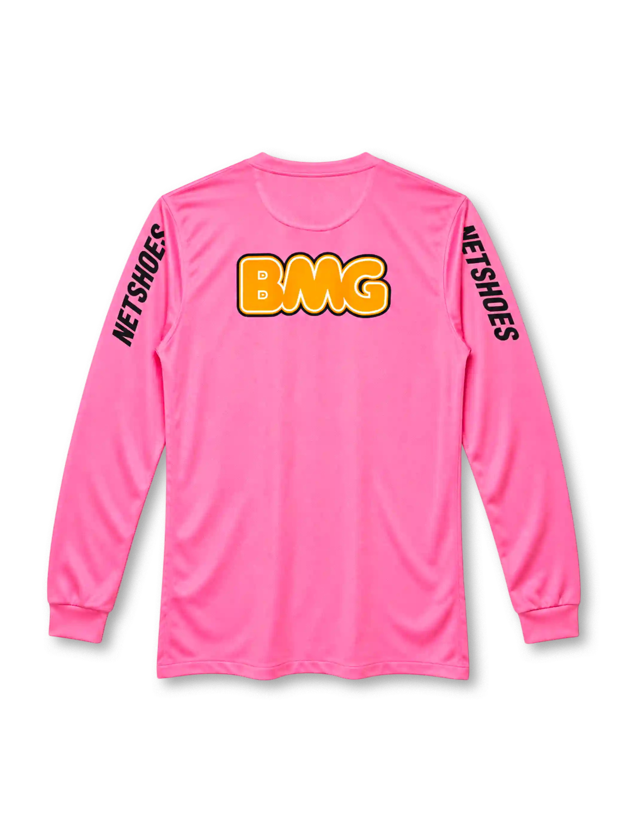 Santos 2013 pink long sleeve jersey, front view, pink body with long sleeves and ribbed cuffs, pink crew neck collar, red SEARA logos near shoulders, black NETSHOES lettering on sleeves, black Nike swoosh on right chest, Santos crest with crown and gold star on left chest, BANCO BMG sponsor logo