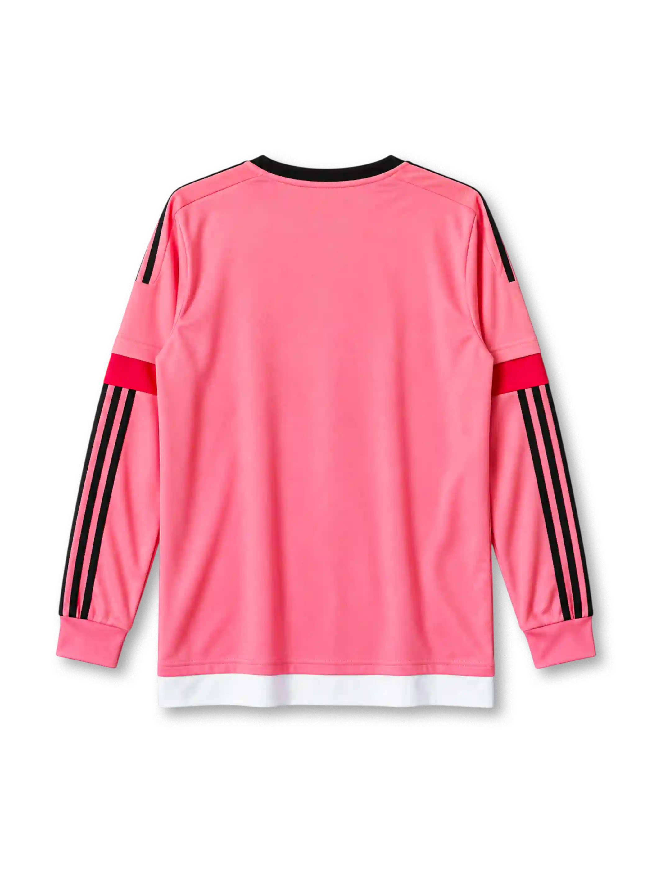 Juventus 2015-16 away long sleeve jersey, front view, pink body, black crew neck collar, black three stripes down full-length sleeves, red upper sleeve bands, pink ribbed cuffs, black adidas logo on right chest, Juventus crest with three gold stars on left chest, white and red chest band with black JEEP sponsor panel, white hem band
