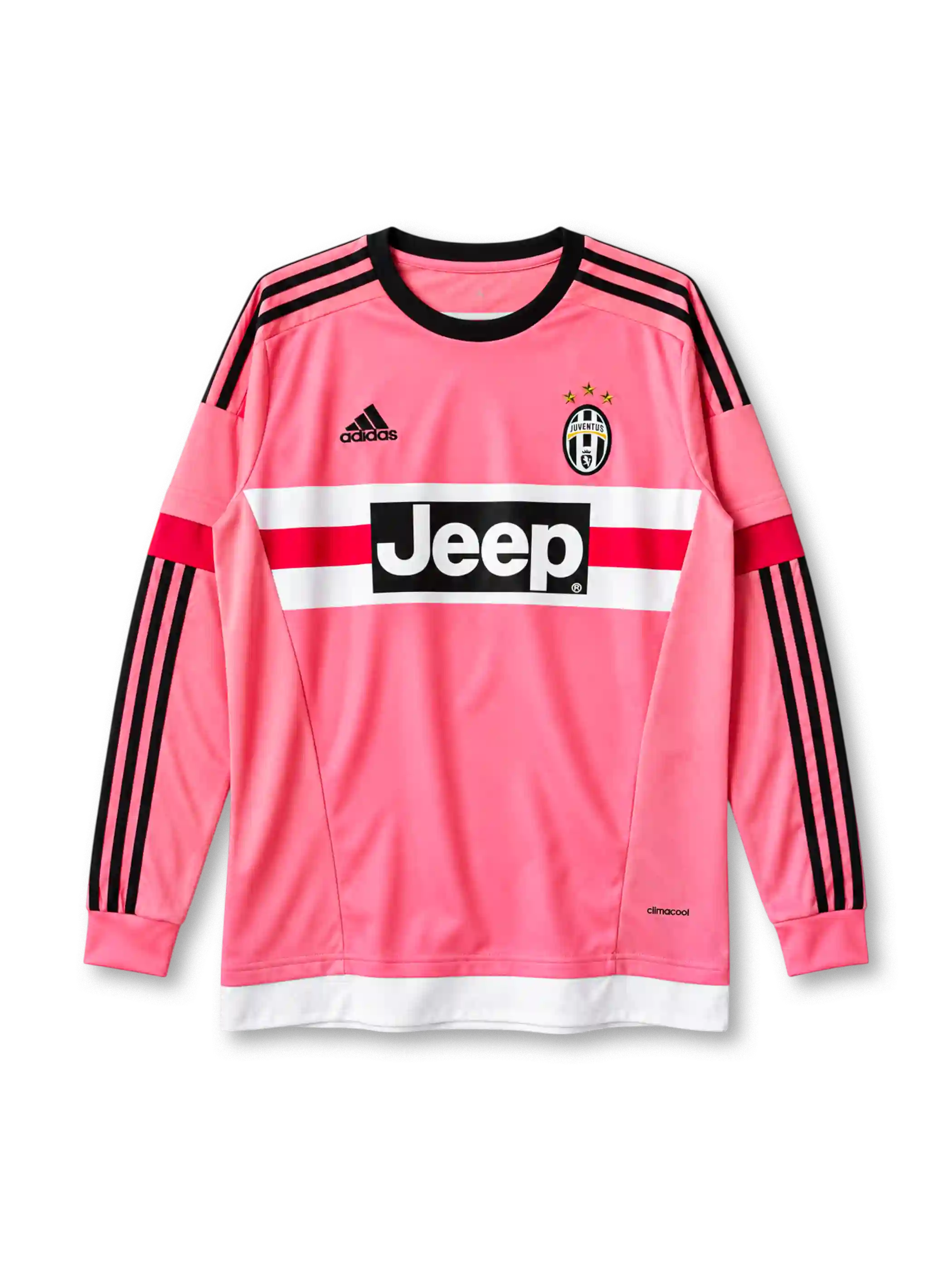 Juventus 2015-16 away long sleeve jersey, front view, pink body, black crew neck collar, black three stripes down full-length sleeves, red upper sleeve bands, pink ribbed cuffs, black adidas logo on right chest, Juventus crest with three gold stars on left chest, white and red chest band with black JEEP sponsor panel, white hem band