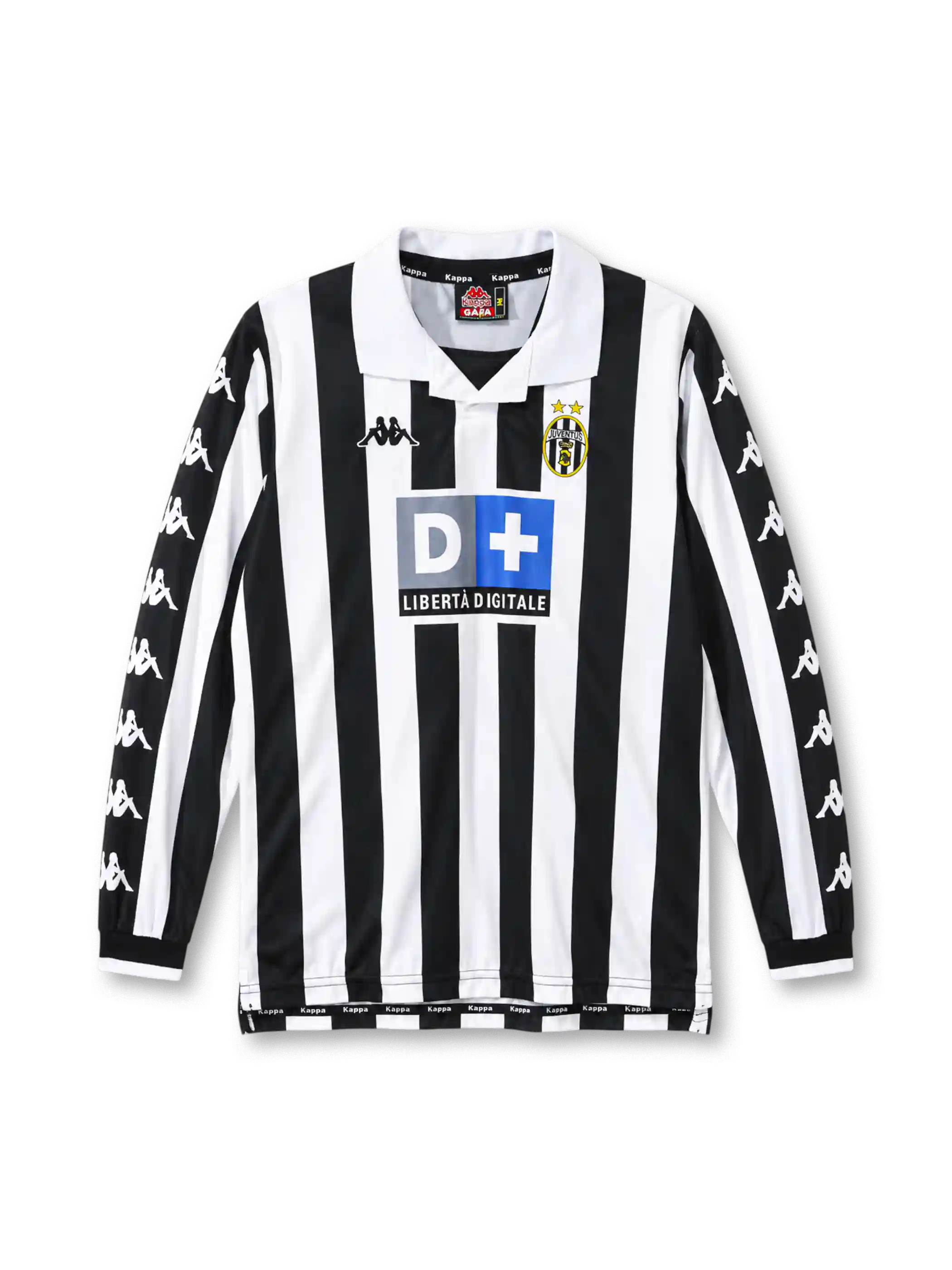 Juventus 1999-00 home long sleeve jersey, front view, black and white vertical stripes, white polo collar with black V insert, long sleeves with repeating white Kappa logos on black panels, black ribbed cuffs, Kappa logo on right chest, oval Juventus crest with two gold stars on left chest, D+ Liberta Digitale sponsor logo