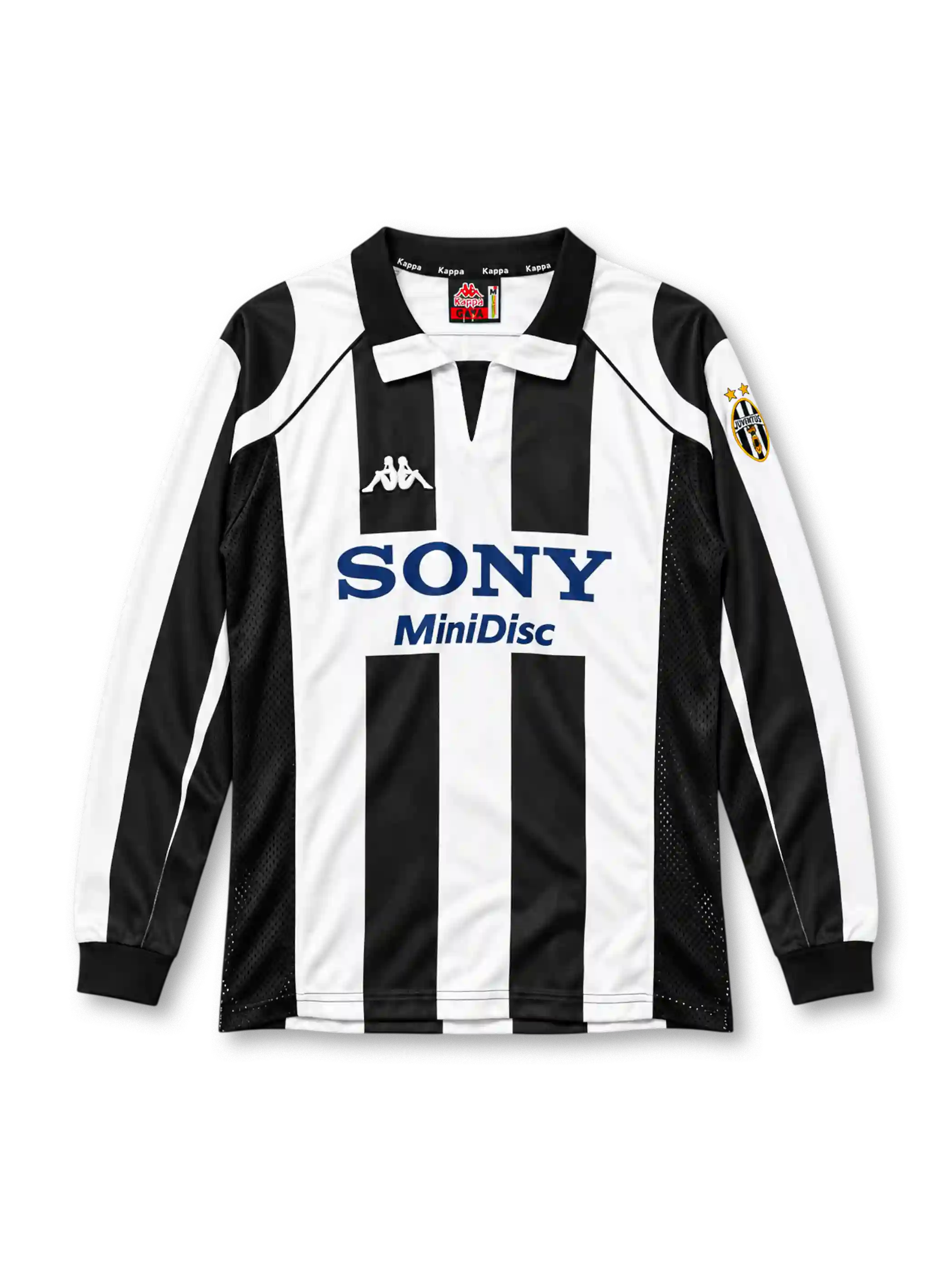 Juventus 1997-98 home long sleeve jersey, front view, black and white vertical stripes, black polo collar with white tips and V-notch, long striped sleeves with black ribbed cuffs, white Kappa logo on right chest, Juventus crest with two gold stars on left sleeve, navy SONY MiniDisc sponsor logo on white chest band, black mesh side panels