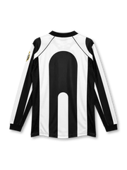 Juventus 1997-98 home long sleeve jersey, front view, black and white vertical stripes, black polo collar with white tips and V-notch, long striped sleeves with black ribbed cuffs, white Kappa logo on right chest, Juventus crest with two gold stars on left sleeve, navy SONY MiniDisc sponsor logo on white chest band, black mesh side panels