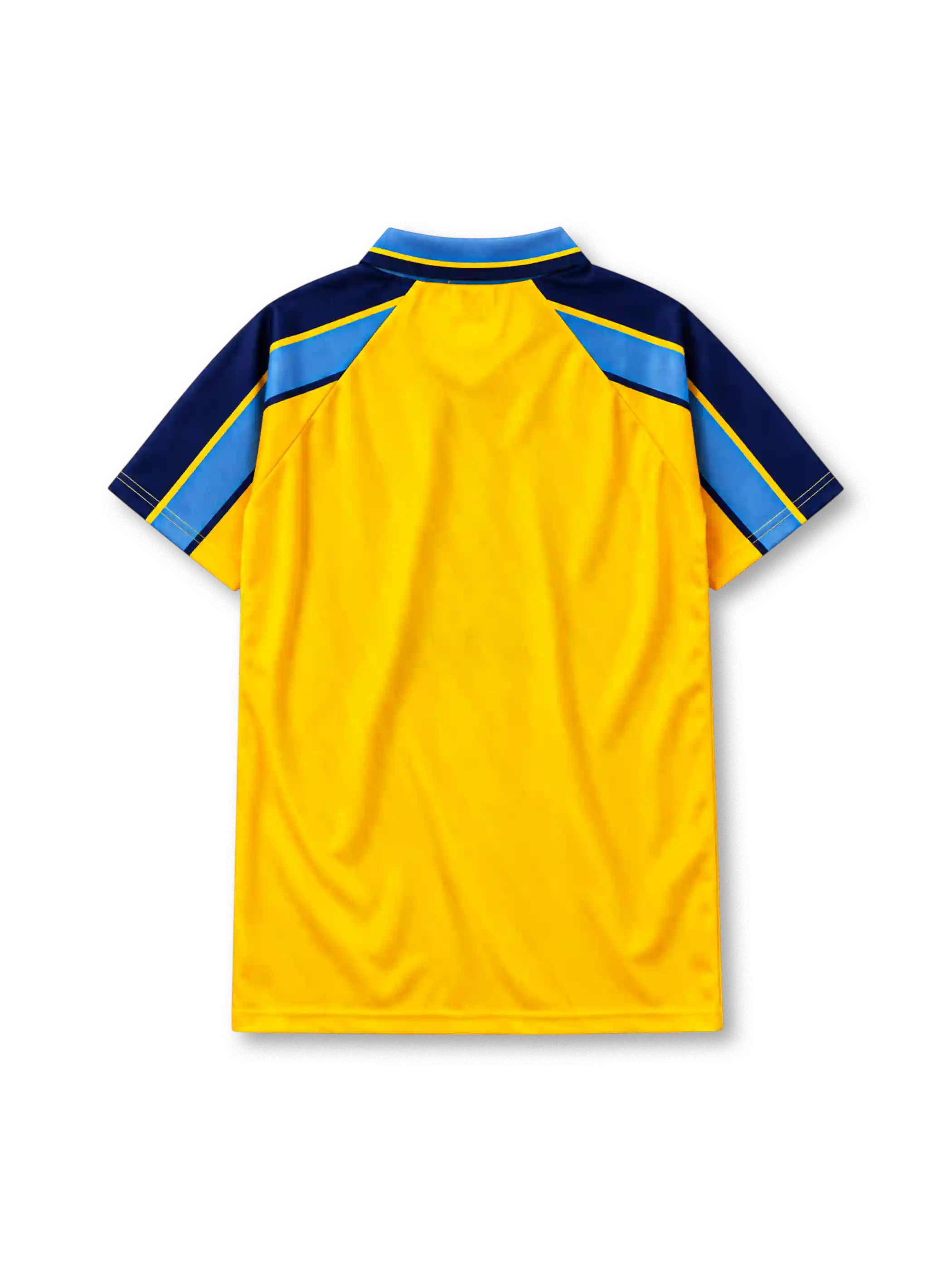 Chelsea 1995-96 away jersey, front view, yellow body with tonal vertical stripes, light blue gradient upper chest panel, navy raglan sleeves with light blue and yellow shoulder bands, light blue polo collar, navy UMBRO wordmark and circular lion crest centred on chest, navy COORS sponsor logo, CHELSEA F.C. text at hem