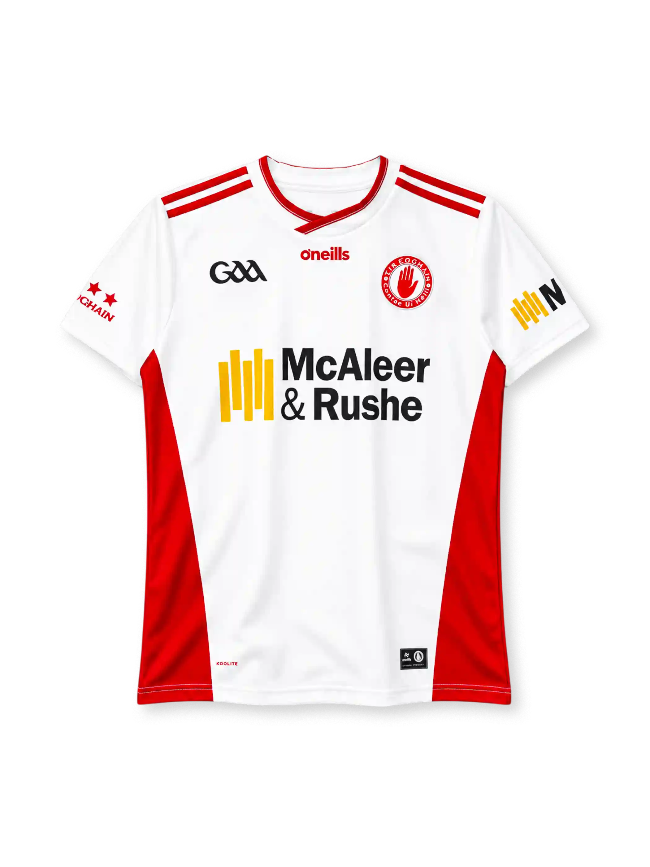 Tyrone 2024 home jersey, front view, white body, red crossover V-neck collar, red stripes on shoulders, red side panels, GAA logo on right chest, O'Neills wordmark centred, Tyrone red hand county crest on left chest, McAleer & Rushe sponsor logo, red stars on right sleeve, KOOLITE print at hem