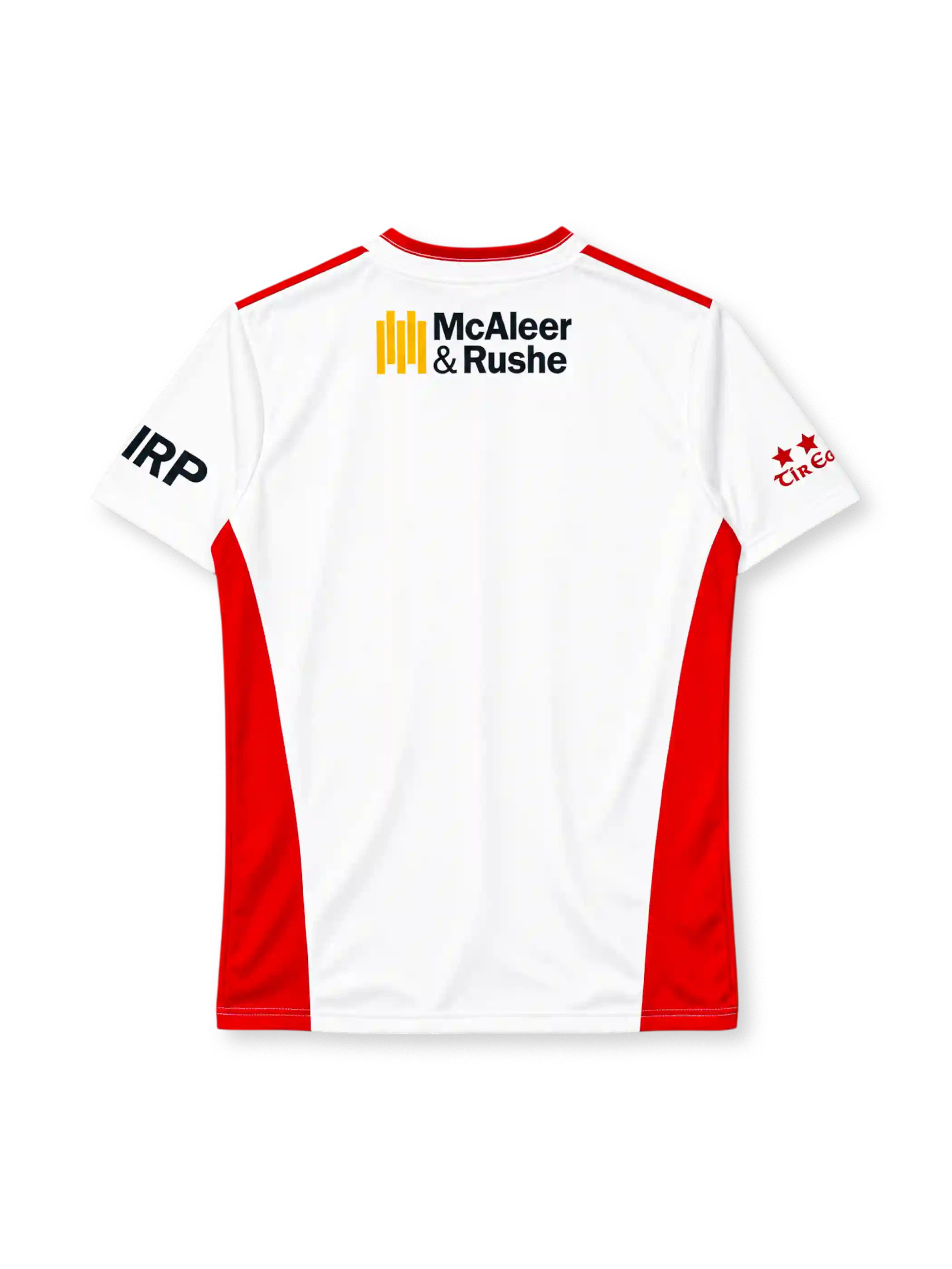 Tyrone 2024 home jersey, front view, white body, red crossover V-neck collar, red stripes on shoulders, red side panels, GAA logo on right chest, O'Neills wordmark centred, Tyrone red hand county crest on left chest, McAleer & Rushe sponsor logo, red stars on right sleeve, KOOLITE print at hem