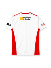 Tyrone 2024 home jersey, front view, white body, red crossover V-neck collar, red stripes on shoulders, red side panels, GAA logo on right chest, O'Neills wordmark centred, Tyrone red hand county crest on left chest, McAleer & Rushe sponsor logo, red stars on right sleeve, KOOLITE print at hem