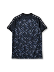 Arsenal 1990-92 away jersey, front view, dark charcoal body with diagonal blue-grey abstract pattern, black V-neck collar with AFC script, black sleeves with three grey stripes, grey adidas trefoil logo on right chest, monochrome Arsenal cannon crest on left chest, JVC sponsor lettering, black ribbed cuffs