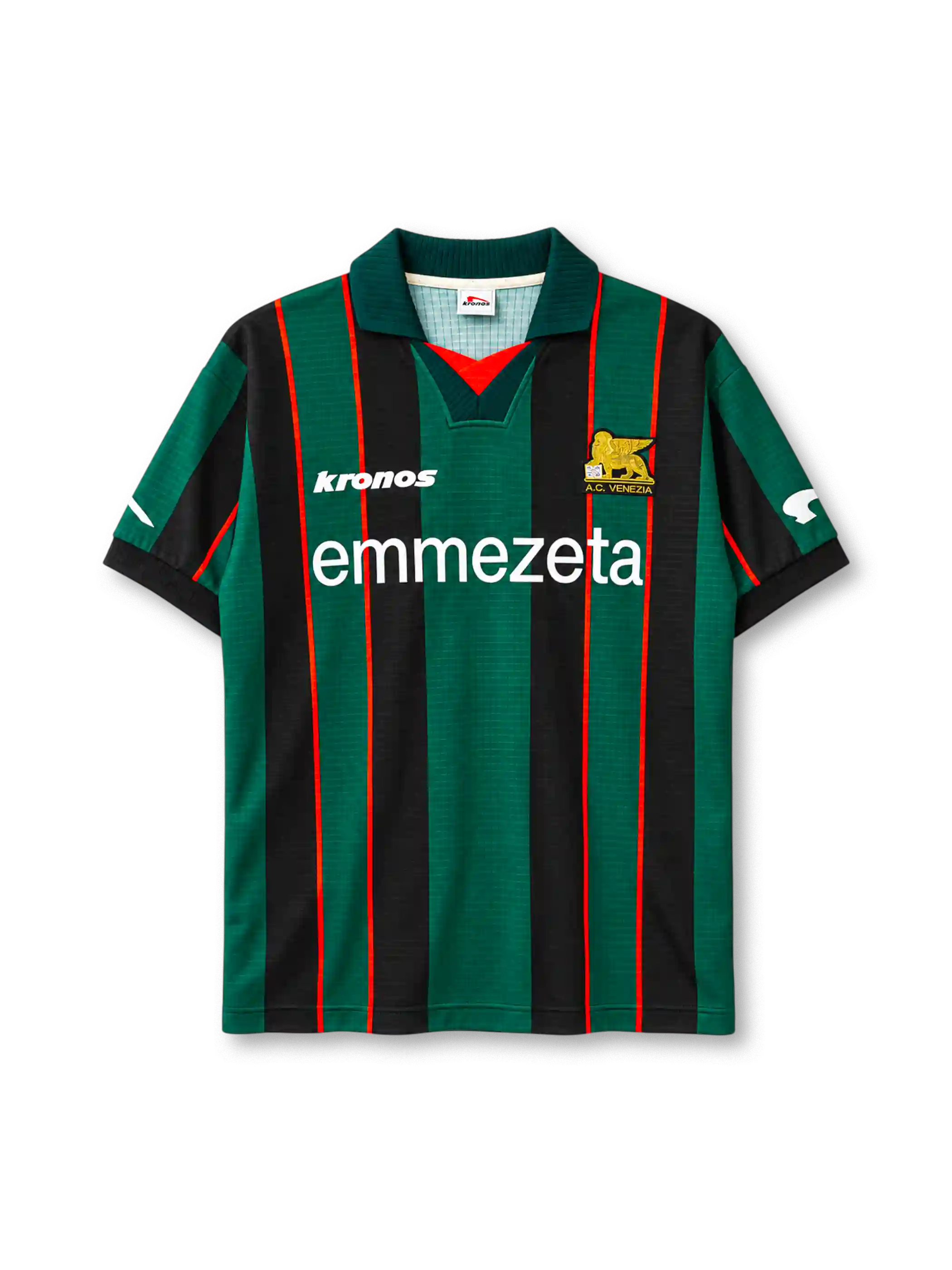Venezia 1999-00 home jersey, front view, green and black vertical stripes with orange-red pinstripes, dark green polo collar with orange V insert, white KRONOS wordmark on right chest, gold winged lion A.C. VENEZIA crest on left chest, white EMMEZETA sponsor logo, Kronos logos on sleeves, black cuffs
