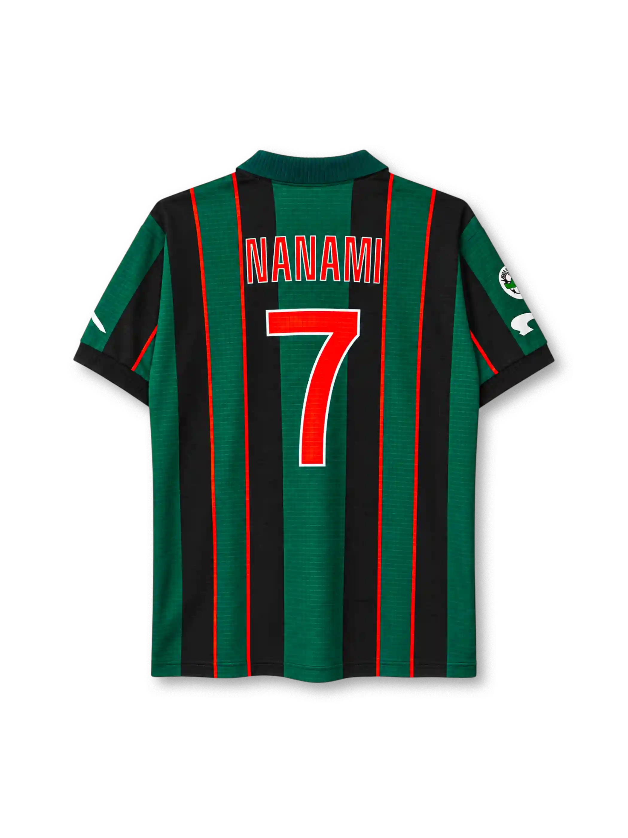 Venezia 1999-00 home jersey, front view, green and black vertical stripes with orange-red pinstripes, dark green polo collar with orange V insert, white KRONOS wordmark on right chest, gold winged lion A.C. VENEZIA crest on left chest, white EMMEZETA sponsor logo, Kronos logos on sleeves, black cuffs