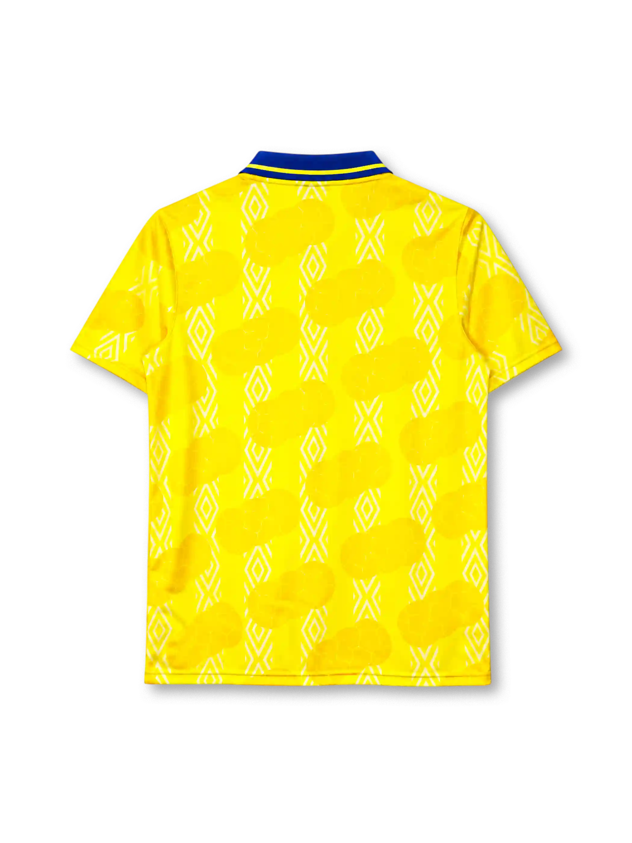 Colombia 1995 home jersey, front view, bright yellow body with white diamond jacquard and deeper yellow football-panel print, royal blue polo collar with yellow tipping, blue UMBRO wordmark on right chest, Colombian Football Federation crest on left chest