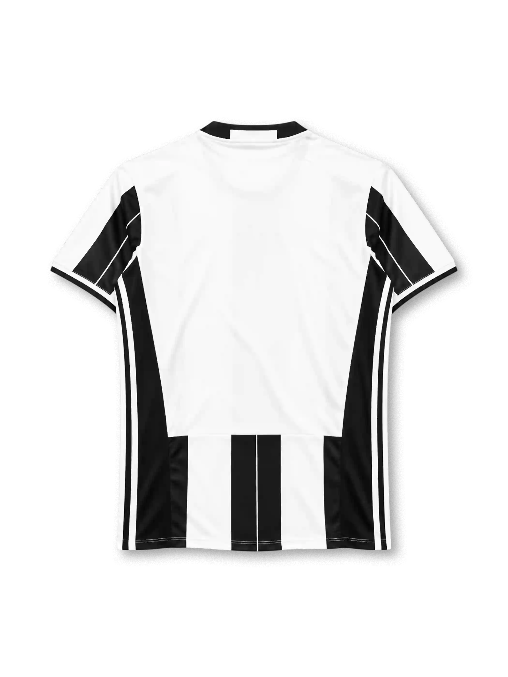 Juventus 2016-17 home jersey, front view, black and white vertical stripes with fine pinstripes, black crew neck collar, black side panels with three white stripes, black adidas logo on right chest, oval Juventus crest with three gold stars on left chest, black JEEP lettering on white chest panel, climacool print at hem