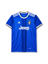 Juventus 2016-17 away jersey, front view, royal blue body with darker central vertical stripe, white crew neck collar with black edging, white three stripes on shoulders, white adidas logo on right chest, oval Juventus crest with three gold stars on left chest, white JEEP lettering, white cuffs with black edging