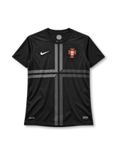 Portugal 2012-13 third jersey, front view, black body, black crew neck collar, grey cross-shaped band graphic across chest and down the front, white Nike swoosh on right chest, Portuguese Football Federation crest on left chest, DRI-FIT print and Nike Authentic tag at hem