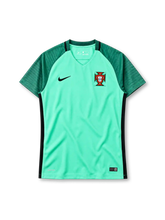 Portugal 2016 away jersey, front view, mint green body, dark green V-neck collar, dark green textured raglan sleeves, black side panels, black Nike swoosh on right chest, Portuguese Football Federation crest on left chest, DRI-FIT print and Nike Authentic tag at hem