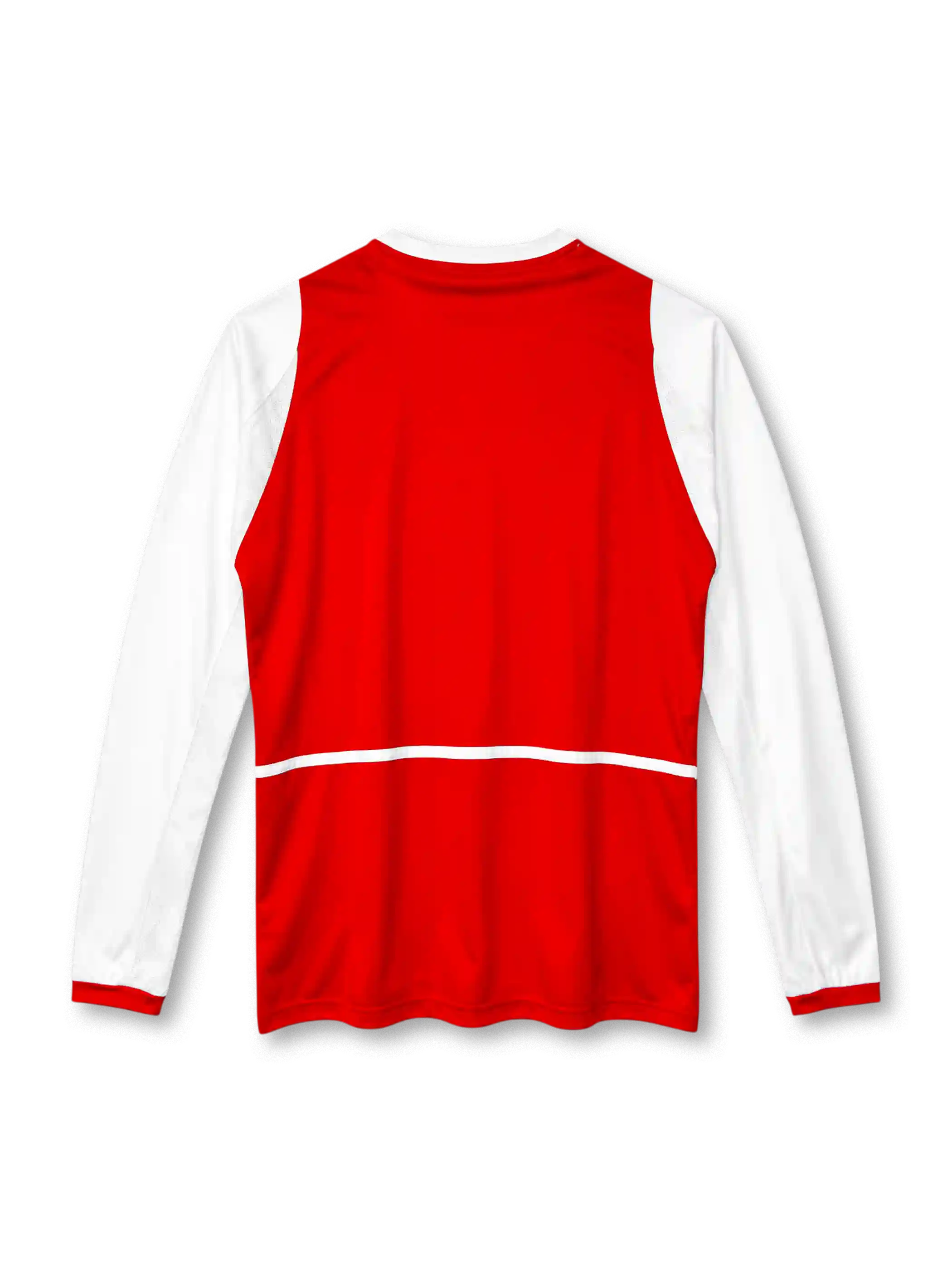 Arsenal 2002-04 home long sleeve jersey, front view, red body, white raglan long sleeves with mesh panels, white crew neck collar, red ribbed cuffs, white Nike swoosh on right chest, Arsenal cannon crest on left chest, white O2 sponsor logo, white side tabs