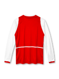 Arsenal 2002-04 home long sleeve jersey, front view, red body, white raglan long sleeves with mesh panels, white crew neck collar, red ribbed cuffs, white Nike swoosh on right chest, Arsenal cannon crest on left chest, white O2 sponsor logo, white side tabs