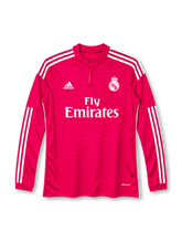 Real Madrid 2014-15 away long sleeve jersey, front view, raspberry pink body with tonal stripe texture, grandad collar with two-button placket, white three stripes down full-length sleeves, white adidas logo on right chest, tonal white Real Madrid crest on left chest, white FLY EMIRATES sponsor lettering