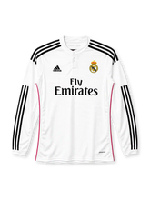 Real Madrid 2014-15 home long sleeve jersey, front view, white body, grandad collar with two-button placket, black three stripes down full-length sleeves, thin pink side piping, black adidas logo on right chest, full-colour Real Madrid crest on left chest, black FLY EMIRATES sponsor lettering