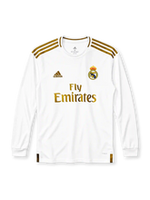Real Madrid 2019/20 white adidas home long sleeve jersey with gold stripes and Fly Emirates sponsor