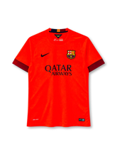 Barcelona 2014/15 bright crimson Nike away jersey with claret cuffs and Qatar Airways sponsor
