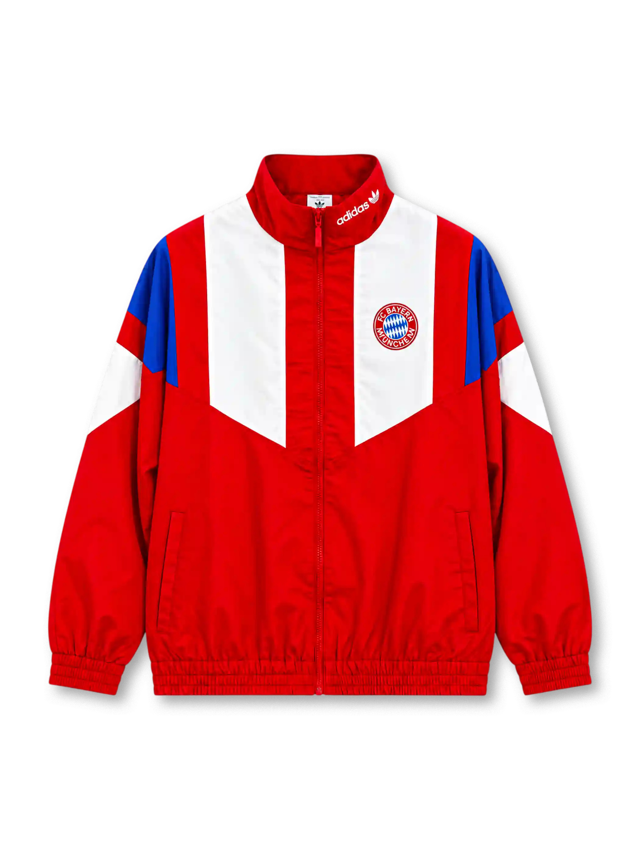 adidas Originals Bayern Munich 2026-27 EQT track jacket in red, white, and blue, featuring a high stand-up collar, full front zip, white Trefoil branding, and the FC Bayern München crest.