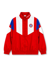 adidas Originals Bayern Munich 2026-27 EQT track jacket in red, white, and blue, featuring a high stand-up collar, full front zip, white Trefoil branding, and the FC Bayern München crest.