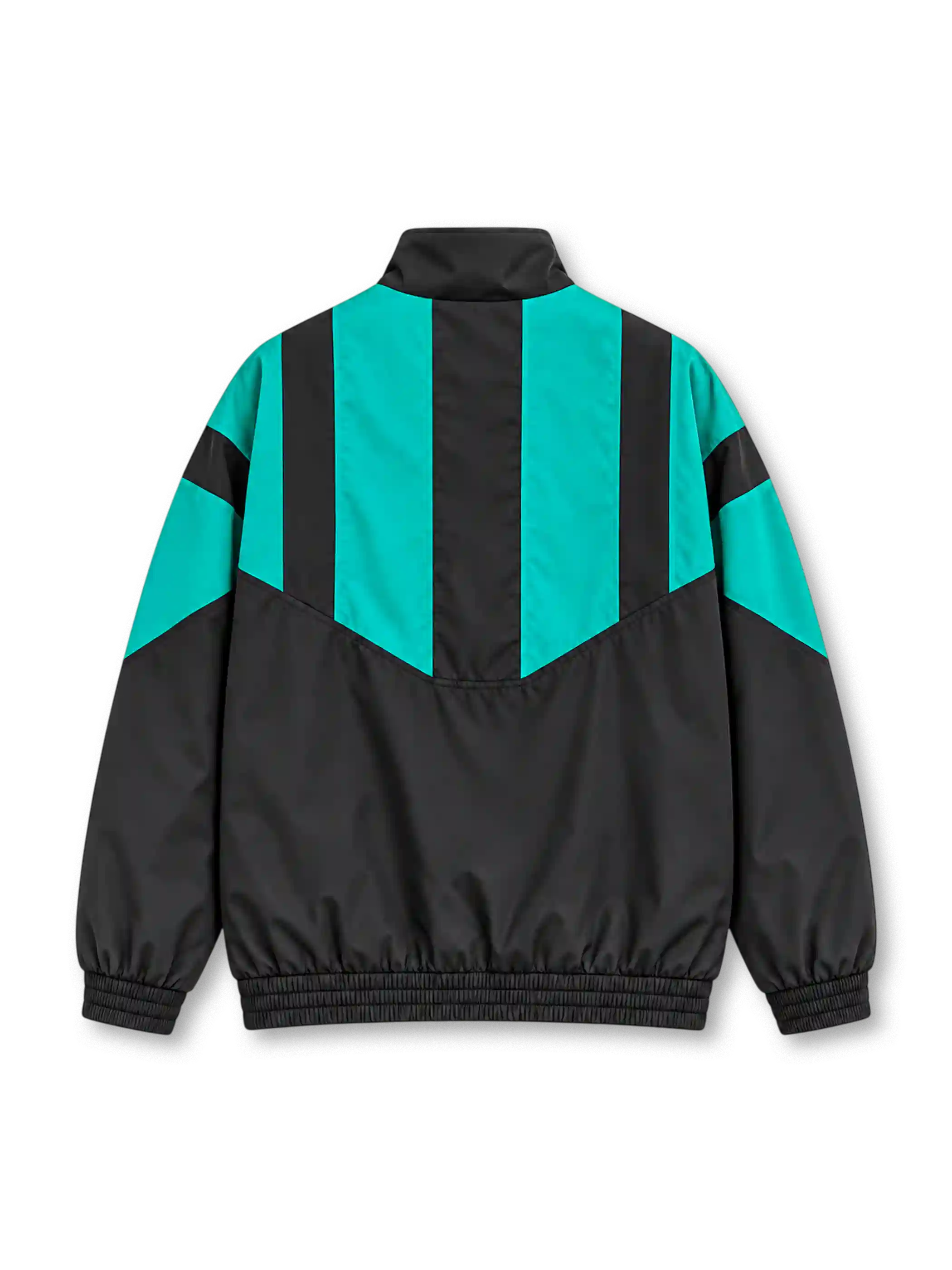 Back view of the Liverpool FC 2026-27 adidas EQT track jacket in black and turquoise, featuring bold geometric color-block panels, a high stand-up collar, long sleeves, elasticated cuffs, and a ribbed hem.