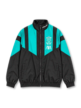 Back view of the Liverpool FC 2026-27 adidas EQT track jacket in black and turquoise, featuring bold geometric color-block panels, a high stand-up collar, long sleeves, elasticated cuffs, and a ribbed hem.