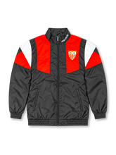 Back view of a Sevilla FC EQT-style track jacket featuring a black body, red and white geometric shoulder panels, black stand-up collar, long sleeves, and elasticated cuffs and hem.