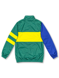 Front view of a Brazil national team retro track jacket featuring a deep green body, bright yellow chest band, royal blue left sleeve, yellow-striped right sleeve, green Nike Swoosh, five-star CBF crest, full zipper, and stand-up collar.