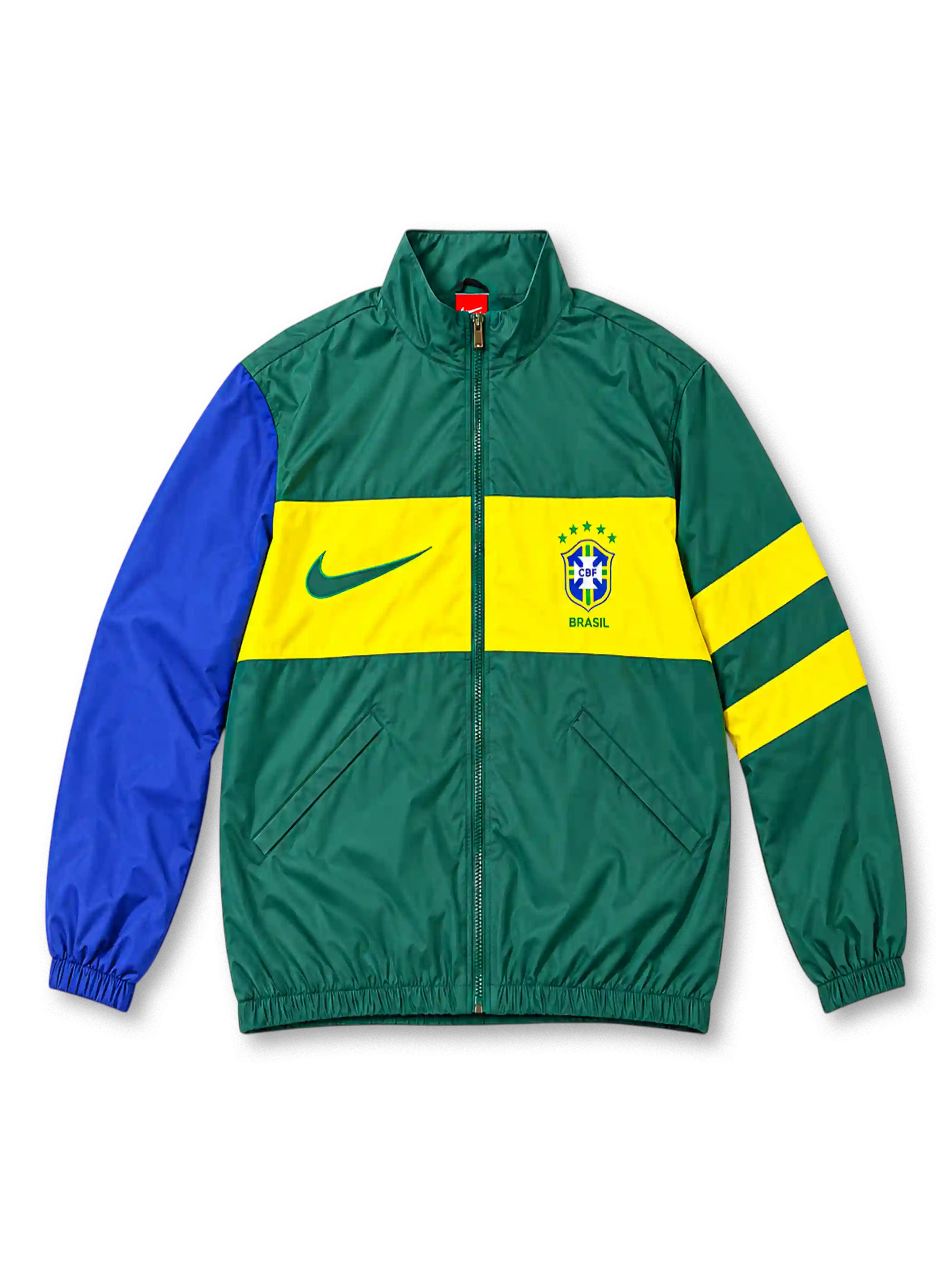 Front view of a Brazil national team retro track jacket featuring a deep green body, bright yellow chest band, royal blue left sleeve, yellow-striped right sleeve, green Nike Swoosh, five-star CBF crest, full zipper, and stand-up collar.