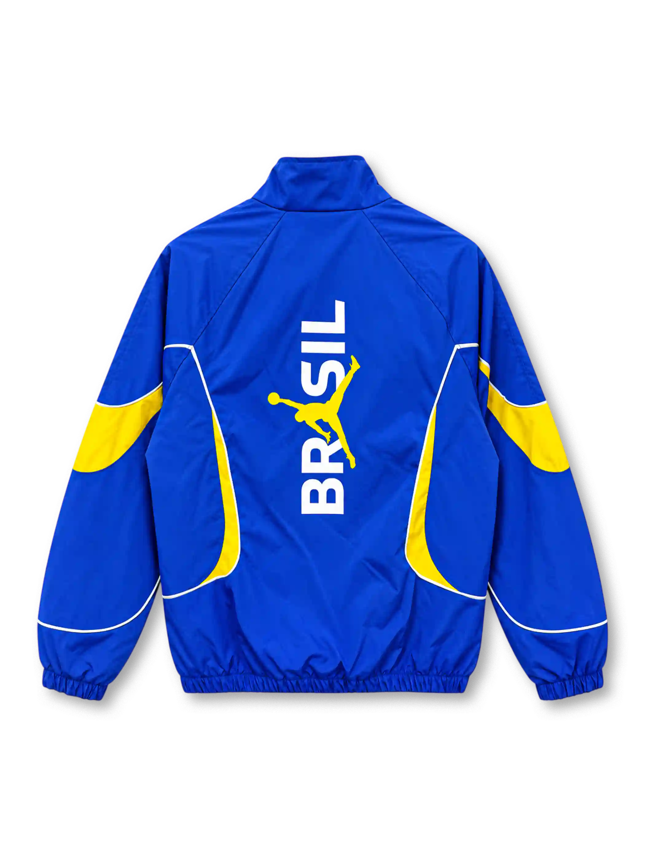Front view of the Brazil 2026 Jordan anthem track jacket in royal blue with yellow curved sleeve and side panels, white piping, yellow Jumpman logo, five-star CBF crest, full zipper, and stand-up collar with yellow lining.