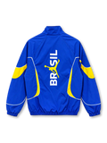 Front view of the Brazil 2026 Jordan anthem track jacket in royal blue with yellow curved sleeve and side panels, white piping, yellow Jumpman logo, five-star CBF crest, full zipper, and stand-up collar with yellow lining.