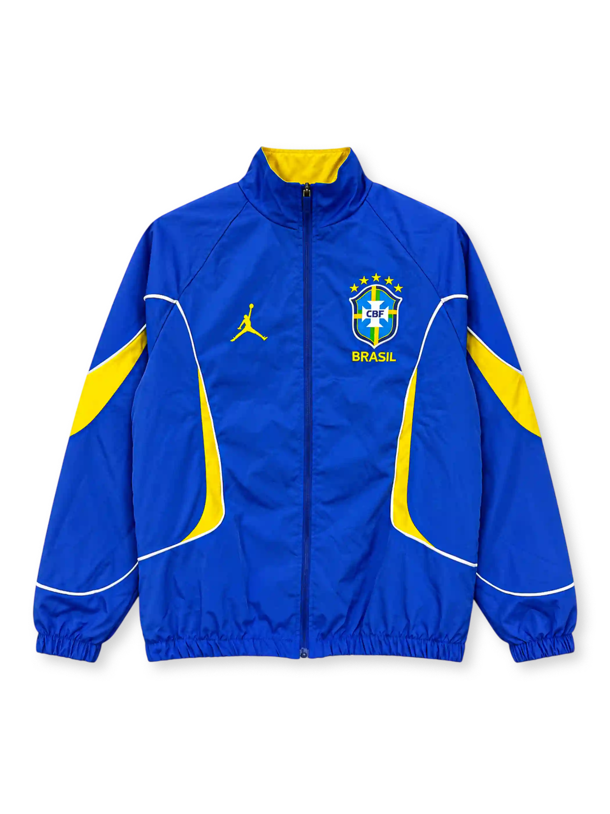 Front view of the Brazil 2026 Jordan anthem track jacket in royal blue with yellow curved sleeve and side panels, white piping, yellow Jumpman logo, five-star CBF crest, full zipper, and stand-up collar with yellow lining.