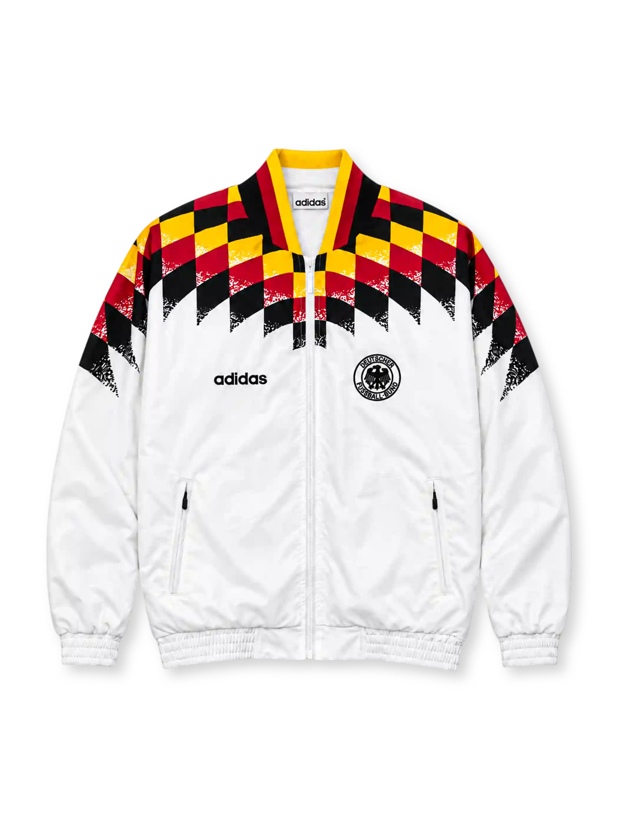 Front view of the Germany 1994 retro adidas track jacket in white with black, red, and yellow geometric shoulder graphics, a black DFB crest, adidas wordmark, high collar, full-length zipper, and elasticated cuffs.