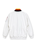 Front view of the Germany 1994 retro adidas track jacket in white with black, red, and yellow geometric shoulder graphics, a black DFB crest, adidas wordmark, high collar, full-length zipper, and elasticated cuffs.