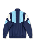 Front view of the Argentina 2026 adidas Originals EQT track jacket in navy blue with sky-blue chest panels, white geometric shoulder inserts, a gold AFA crest, gold adidas collar branding, full-length zipper, and elasticated cuffs.