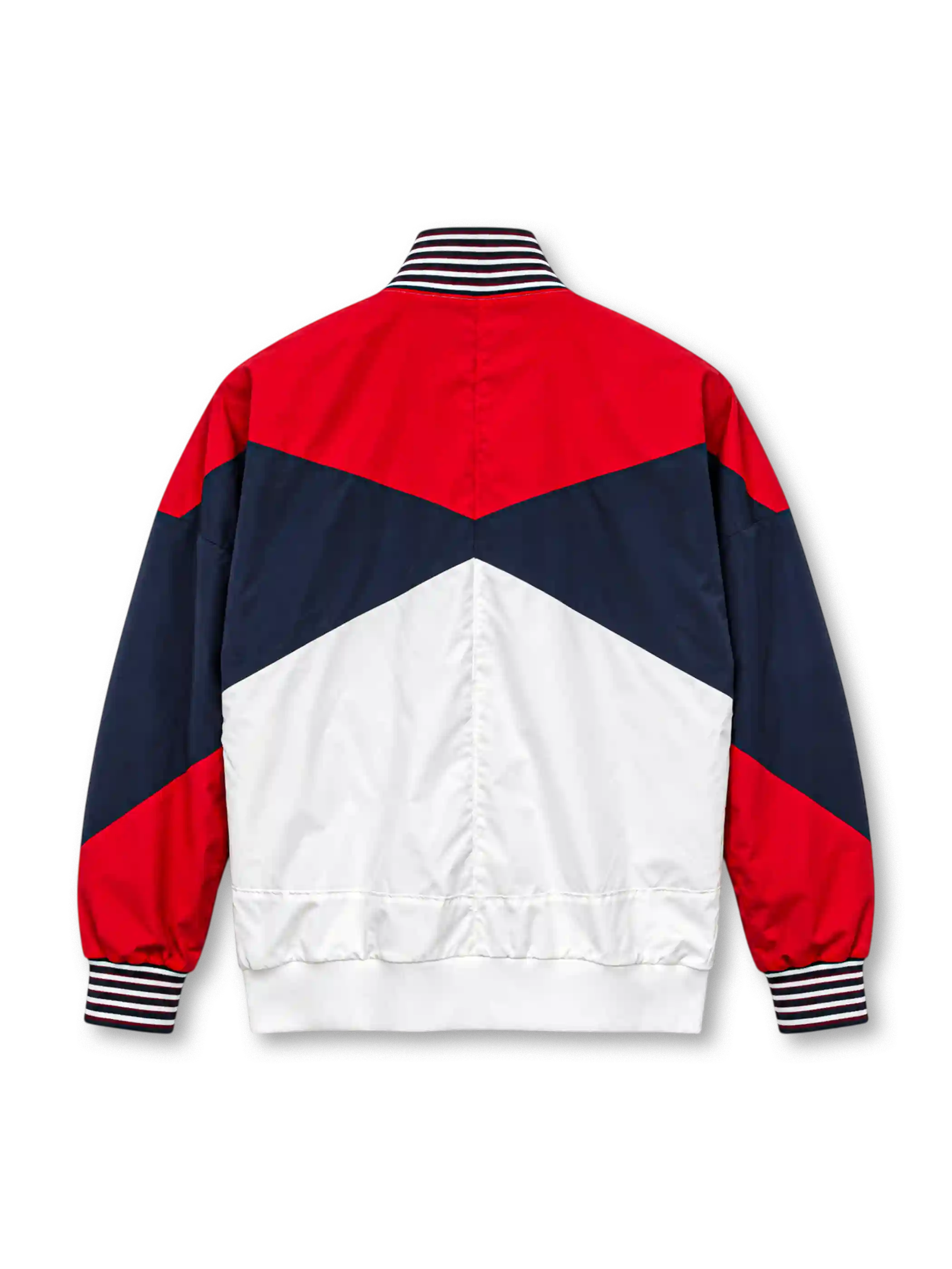 Front view of the England 2024/25 Nike Strike Anthem Jacket featuring a white body, red shoulders, navy sleeves, striped stand collar and cuffs, dark Nike Swoosh, Three Lions crest, full zipper, and zippered pockets.