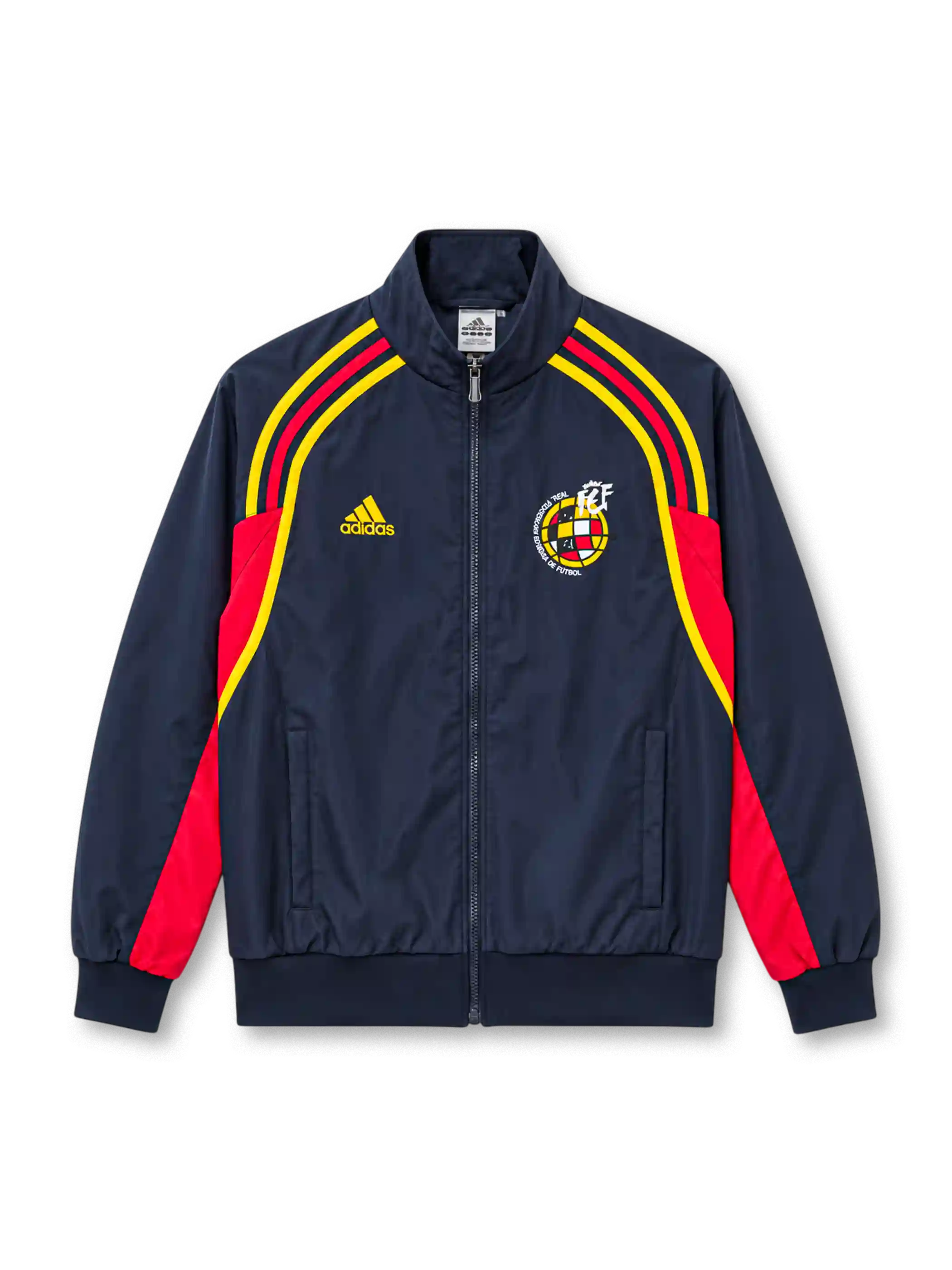Front view of the Spain 2026 adidas EQT track jacket in navy blue with curved red and yellow shoulder stripes, yellow adidas chest logo, retro Spanish Football Federation crest, stand-up collar, full-length zipper, and ribbed cuffs.