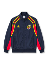 Front view of the Spain 2026 adidas EQT track jacket in navy blue with curved red and yellow shoulder stripes, yellow adidas chest logo, retro Spanish Football Federation crest, stand-up collar, full-length zipper, and ribbed cuffs.